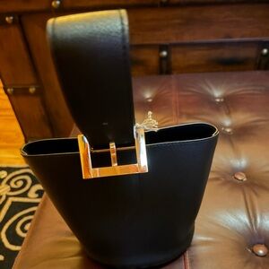 Black Leather Bucket Bag with Statement Gold Buckle